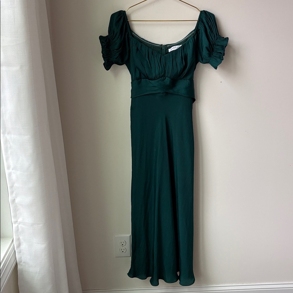 Petal & Pup Dark Green Midi Dress with Puff Sleeves